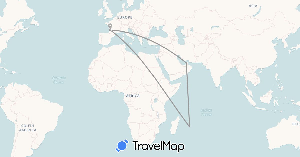 TravelMap itinerary: driving, plane in United Arab Emirates, France, Mauritius (Africa, Asia, Europe)